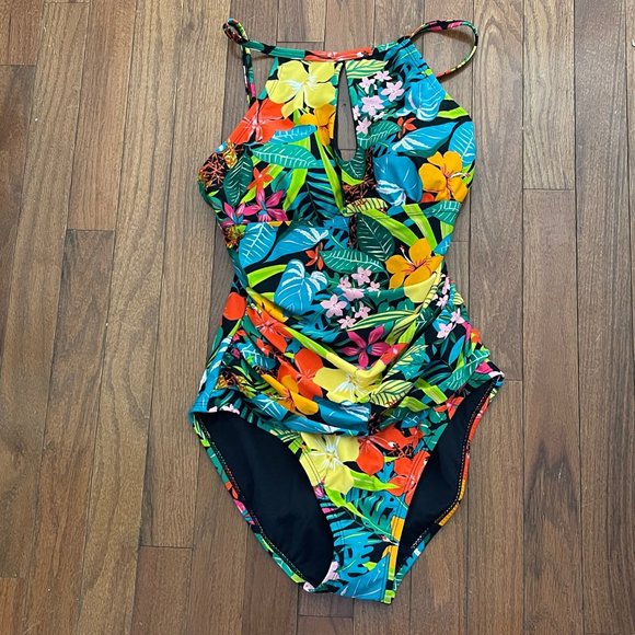 New Ellen Tracy Green Floral Swimsuit Size 8 - Picture 7 of 12